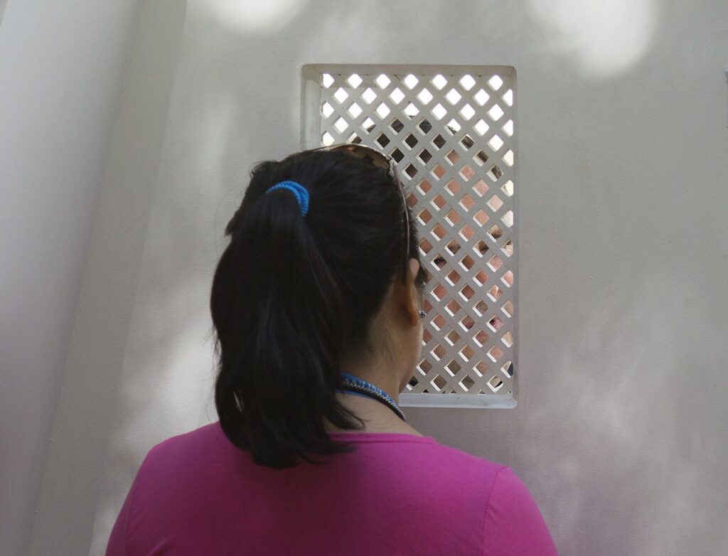 A woman is shown receiving the sacrament of reconciliation. Her face is not visible. A priest is visible through a latticework screen in front of the woman.
