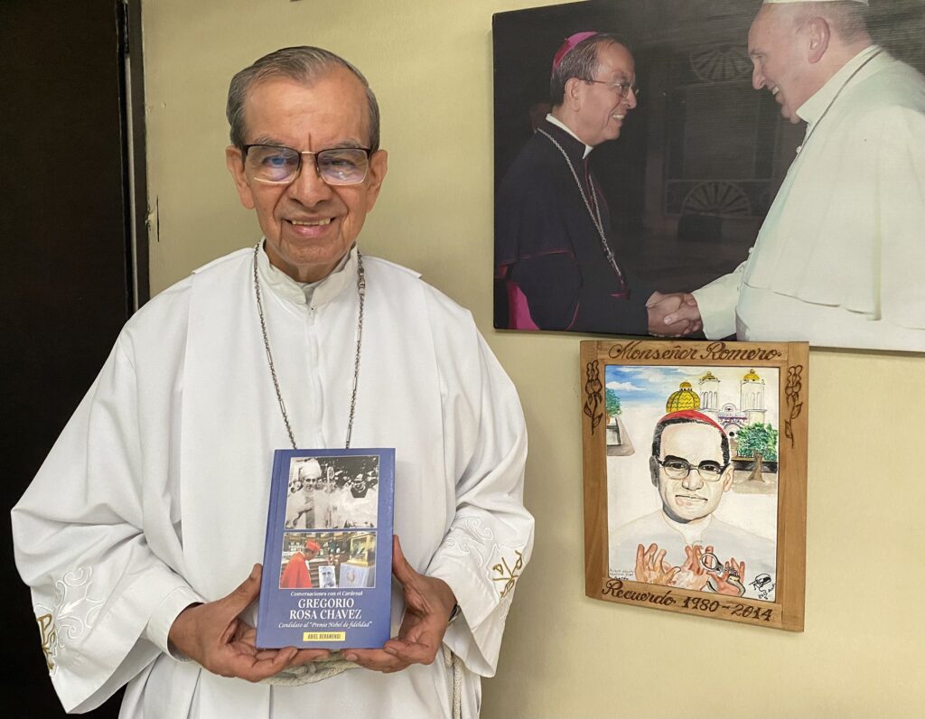 Salvadoran Cardinal Gregorio Rosa Chávez holds of copy of a book, Dec. 16, 2022, at St. Francis of Assisi parish in San Salvador, El Salvador.