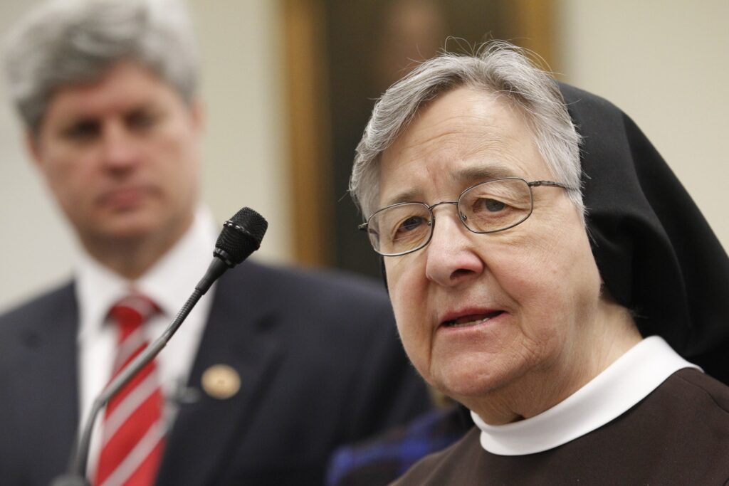 Franciscan Sister Jane Marie Klein speaks during a March 5, 2013, press conference on Capitol Hill in Washington about proposed legislation to address religious freedom concerns about the Health and Human Services contraceptive mandate.