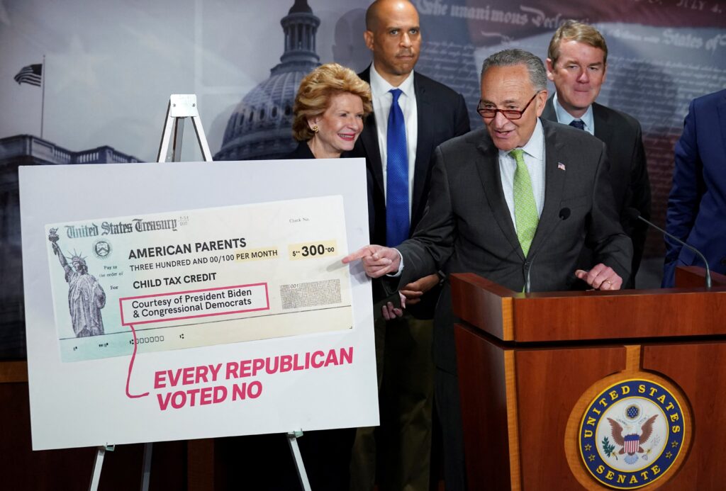 U.S. Senate Majority Leader Chuck Schumer, D-N.Y., holds a news conference at the U.S. Capitol in Washington July 15, 2021, about expanded child tax credit payments.