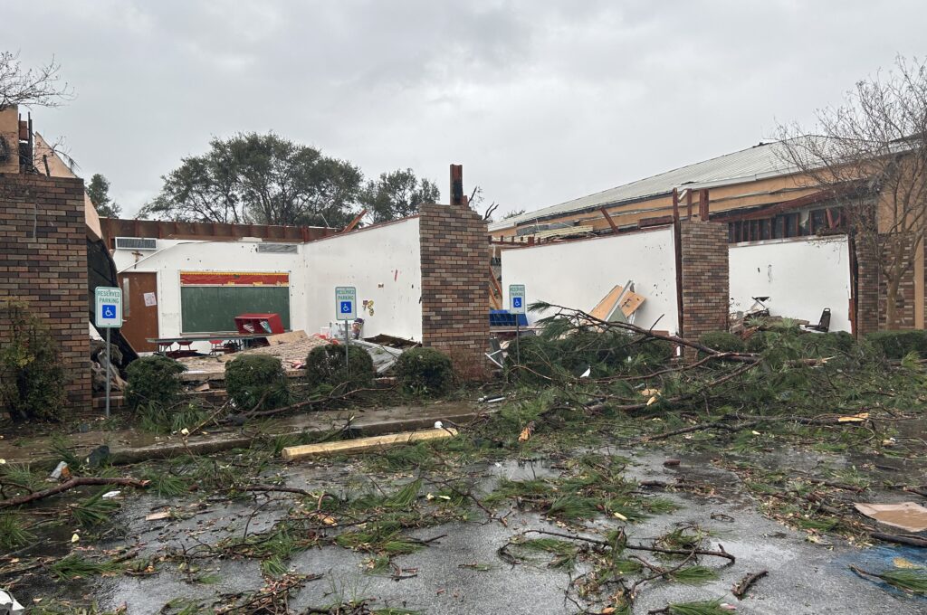 Damage is seen at St. Hyacinth Catholic Church in the Houston suburb of Deer Park after a tornado swept through the metro area Jan. 24, 2023.