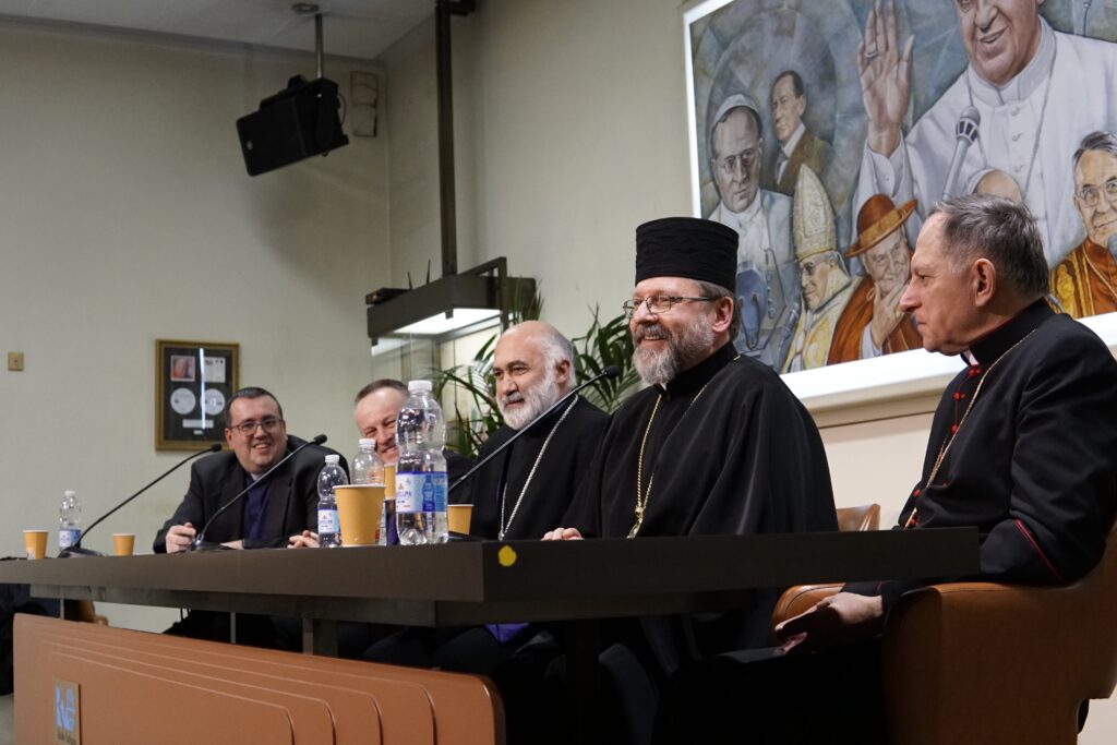 Members of the Ukrainian Council of Churches and Religions speak at a news conference at the Vatican Jan. 26, 2023.