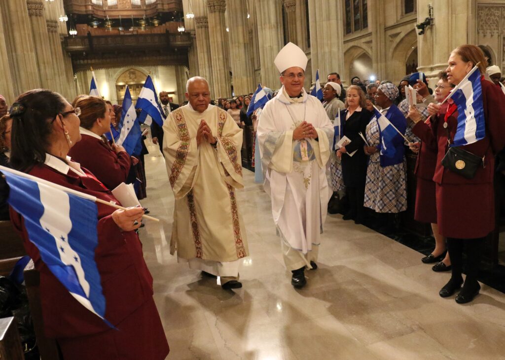 Auxiliary Bishop Juan Jose Pineda Fasquelle of Tegucigalpa, Honduras, arrives to celebrate a Mass in honor of Our Lady of Suyapa Feb. 4, 2019 at St. Patrick's Cathedral in New York City.
