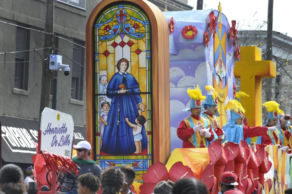 A file photo shows a float with an image of Venerable Henriette Delille during Mardi Gras celebrations in New Orleans.