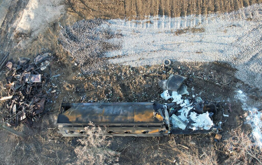 A burnt container is seen in East Palestine, Ohio, on Feb. 15, 2023, at the site of a train derailment.