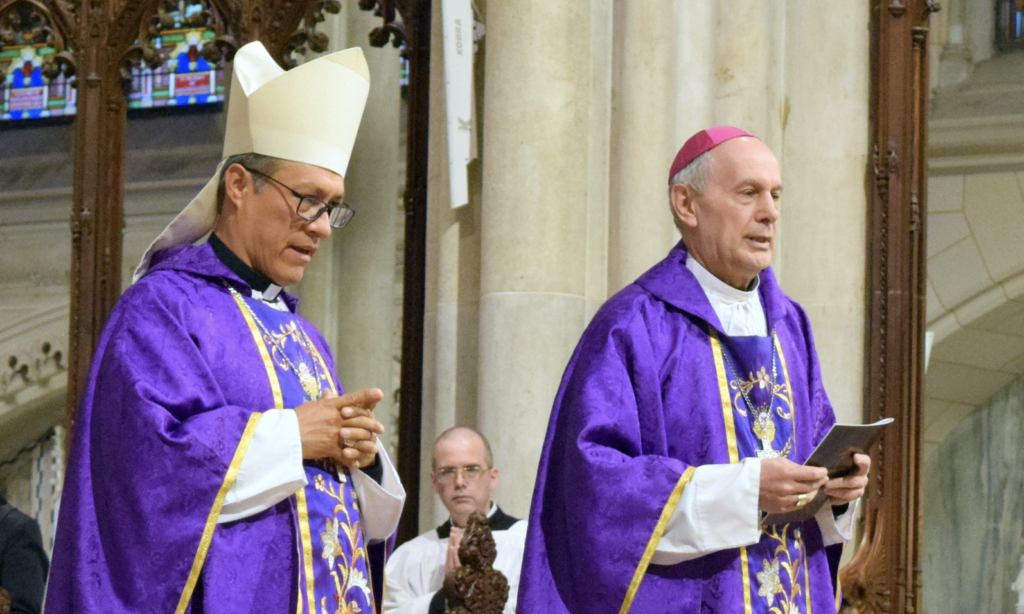 The main celebrant Bishop Lizardo Estrada Herrera (left), President of the Bishops' Conference of Peru and Archbishop of Cuzco, Peru celebrates the annual Mass honoring St. Oscar Romero and the Martyrs of El Salvador with Archbishop Gabriele Giordano Caccia from the Holy See Mission, March 26, 2023 at St. Patrick's Cathedral.