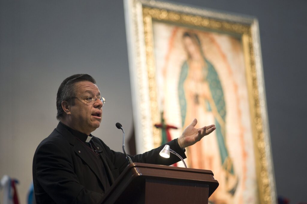 Msgr. Eduardo Chavez Sanchez, rector of the Higher Institute of Guadalupan Studies in Mexico City, speaks during a presentation at a gathering of bishops and church leaders at the Basilica of Our Lady of Guadalupe in Mexico City Nov. 17, 2013.