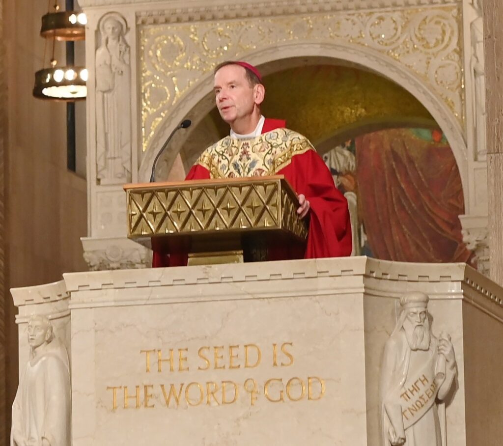 Bishop Michael F. Burbidge of Arlington, Va., gives the homily during the Sept. 1, 2022, Mass of the Holy Spirit at the Basilica of the National Shrine of the Immaculate Conception in Washington, opening the academic year for The Catholic University of America.