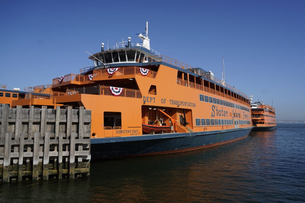 The Dorothy Day ferry boat, the newest vessel in the Staten Island Ferry fleet, is seen during its commissioning ceremony at St. George Ferry Terminal in Staten Island, N.Y., Nov. 4, 2022.