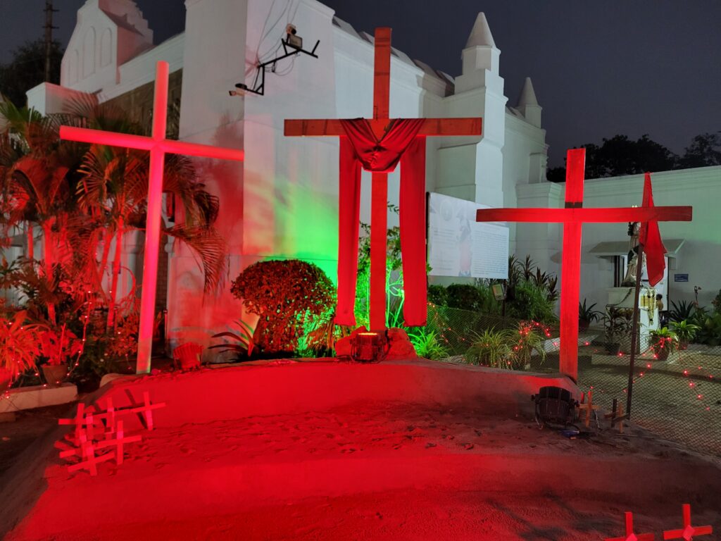 Three crosses -- representing Jesus' crucifixion on Calvary -- are seen on St. Thomas Mount in Chennai, India, March 1, 2023.