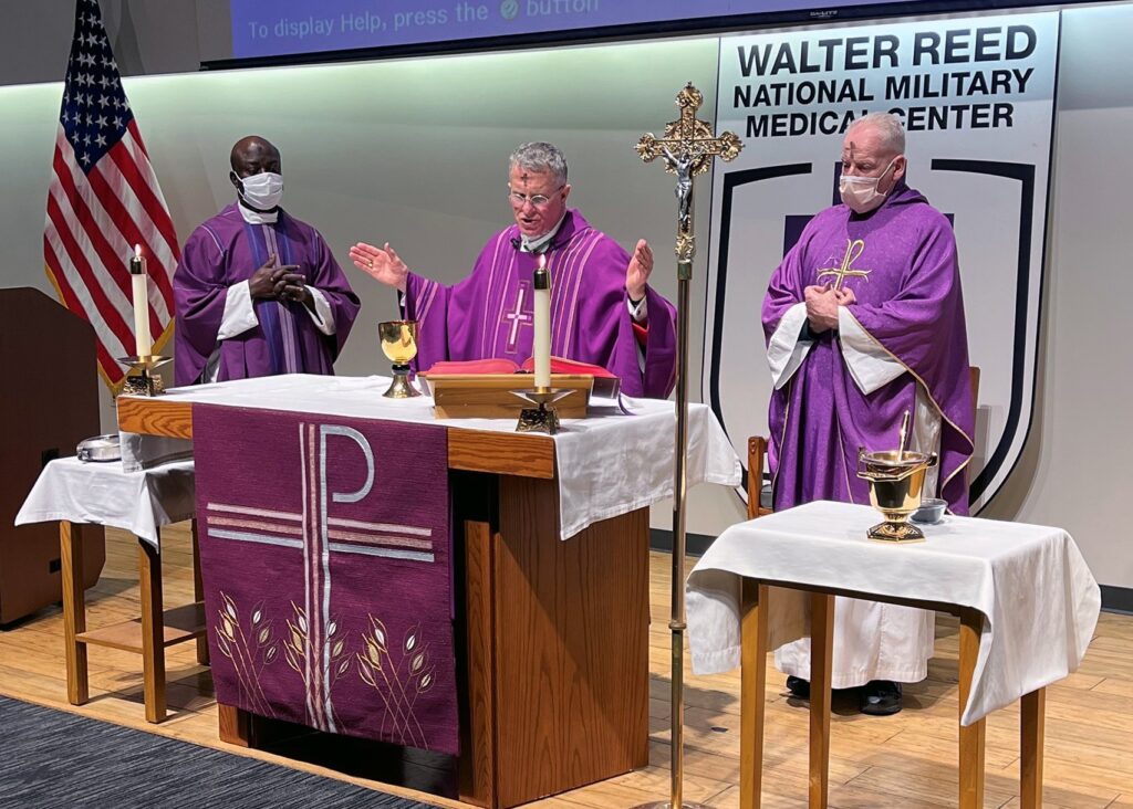 Archbishop Timothy P. Broglio of the U.S. Archdiocese of the Military Services celebrates Ash Wednesday Mass at Walter Reed National Military Medical Center in Bethesda, Md., March 2, 2022.