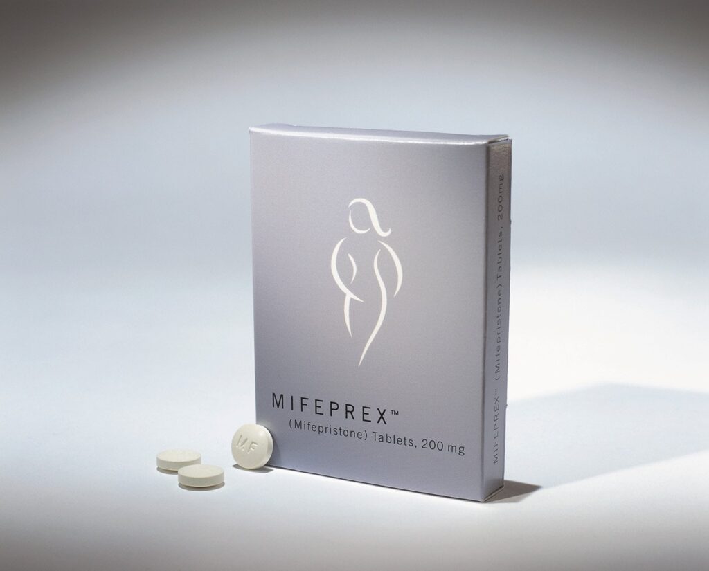 A box of medication used to induce abortion, known generically as mifepristone and by its brand name Mifeprex, is seen in an undated handout photo.