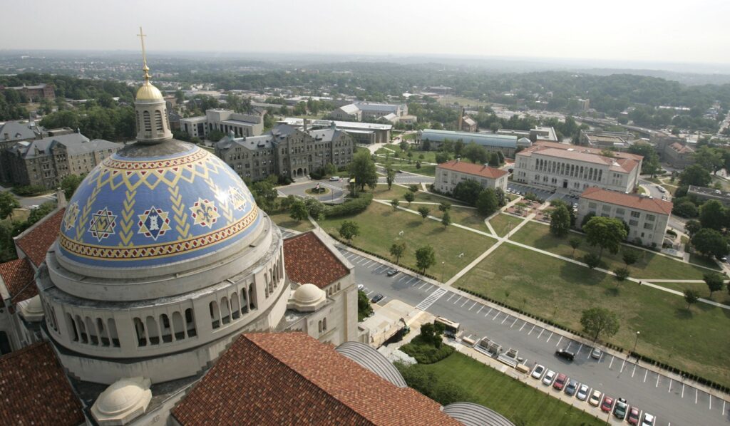 This file photo shows a view of The Catholic University of America's campus from the bell tower of the Basilica of the National Shrine of the Immaculate Conception in Washington.