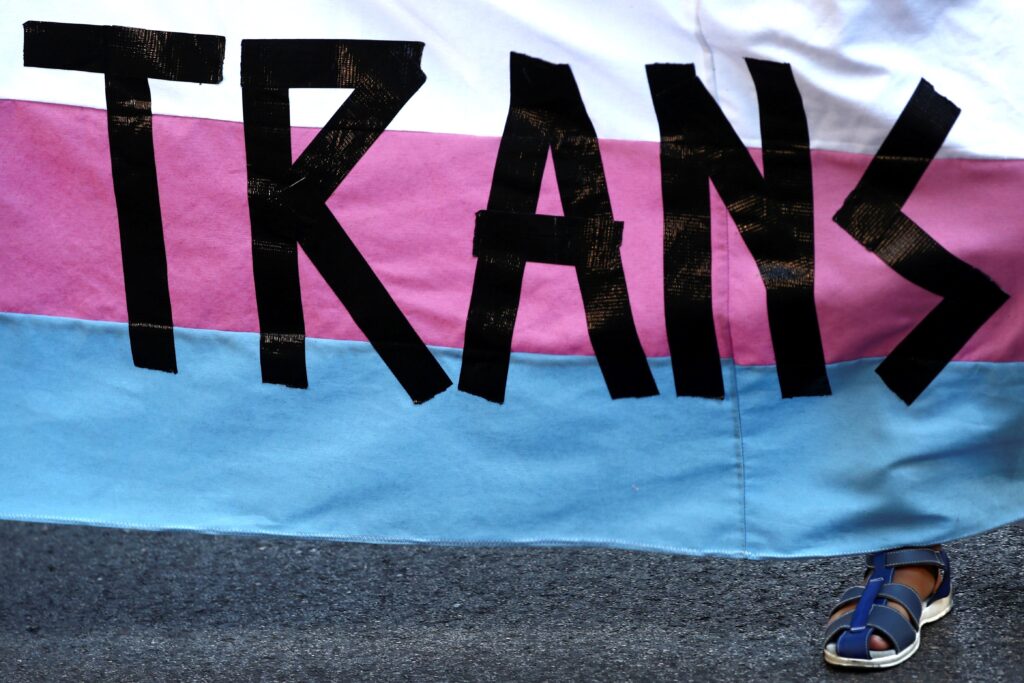A person holds a "Trans" banner in this illustration photo.