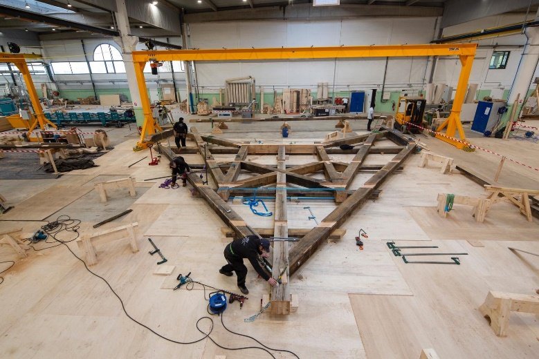 The Notre Dame Cathedral spire construction site in Val de Briey, eastern France. Four years into the devastating fire, Notre Dame Cathedral will get the spire back by the end of 2023.