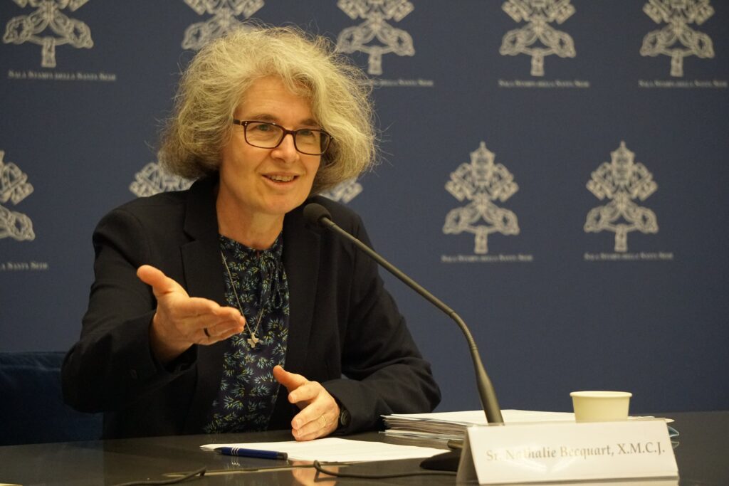 Xavière Missionary Sister Nathalie Becquart, undersecretary of the synod, speaks to reporters at a news conference at the Vatican April 20, 2023.