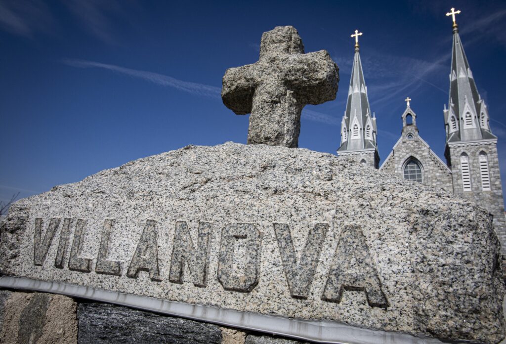 A pillar is visible in front of St. Thomas of Villanova Church on the campus of Villanova University near Philadelphia March 11, 2021.