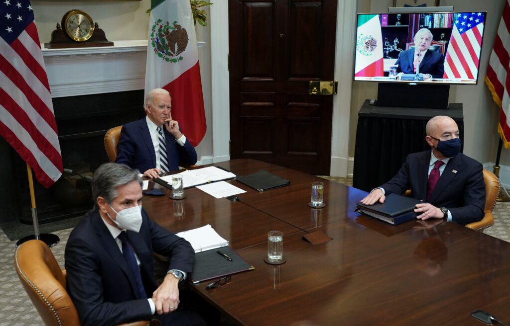 U.S. Secretary of State Anthony Blinken and U.S. Secretary of Homeland Security Alejandro Mayorkas, pictured with President Joe Biden in a March 1, 2021, file photo.