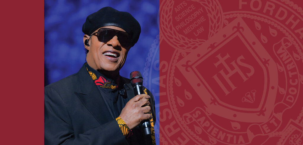 Singer Stevie Wonder is shown in this graphic designed by Fordham University.