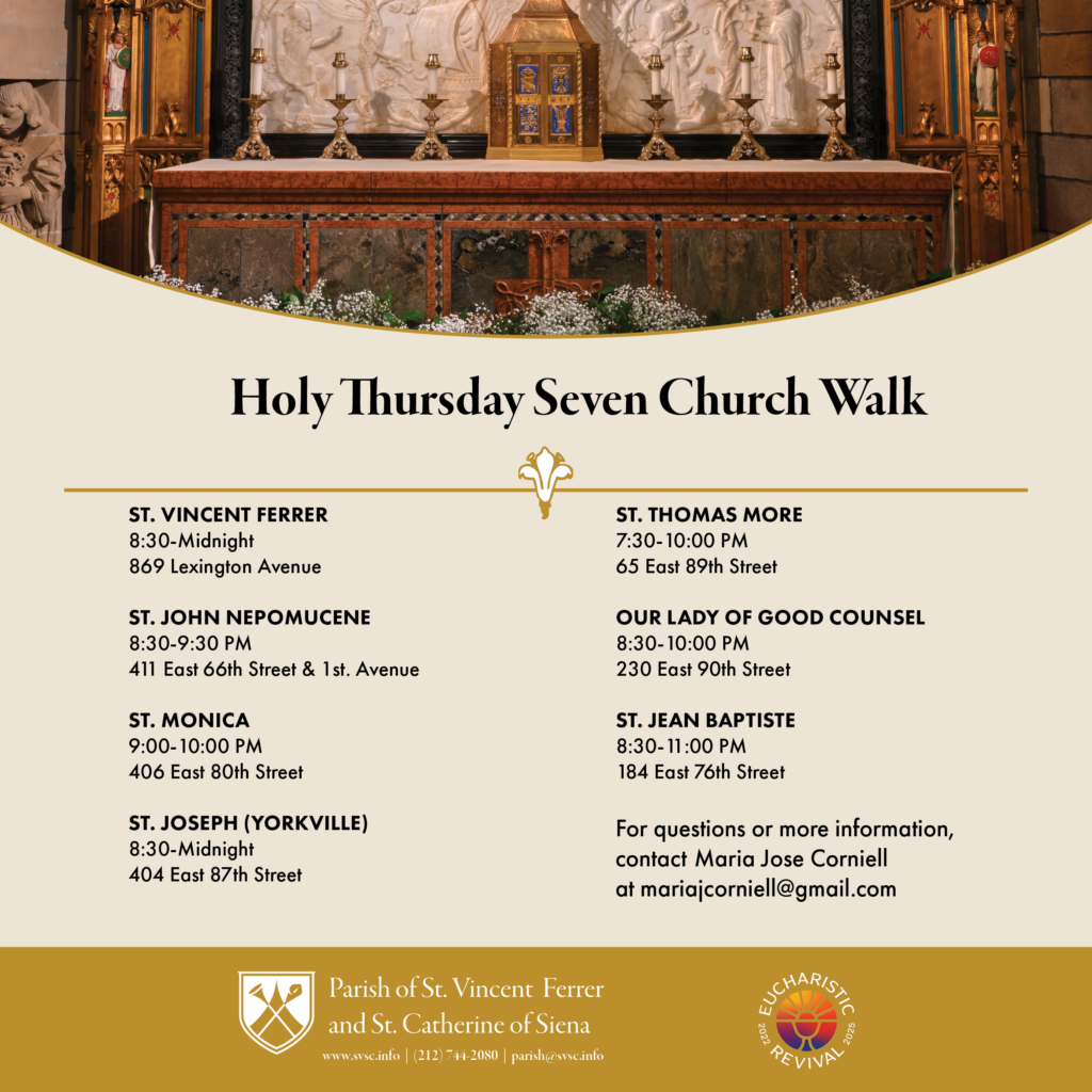 A seven-church walk will cover much of the Upper East Side on Holy Thursday night, April 6.