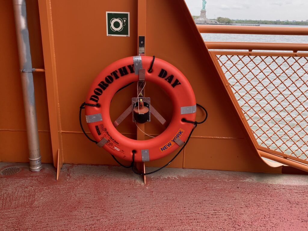 A life preserver aboard the Staten Island Ferry vessel “Dorothy Day,” named for the late Staten Island-based Catholic activist and writer, which launched Friday, April 28, 2023.