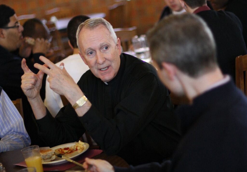 Monsignor Charles Fink chats with James Sheridan, a seminarian for the Archdiocese of New York, at Immaculate Conception Seminary in Huntington, New York, January 8, 2013.