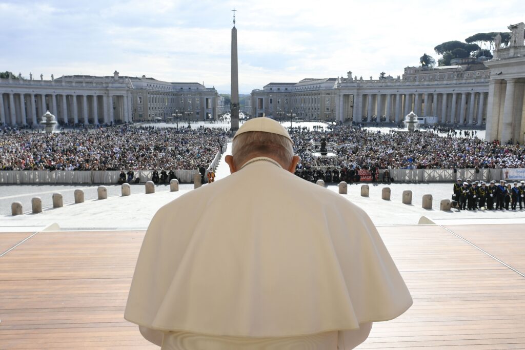 Pope Francis bows his head in prayer during his weekly general audience in St. Peter's Square at the Vatican May 3, 2023.