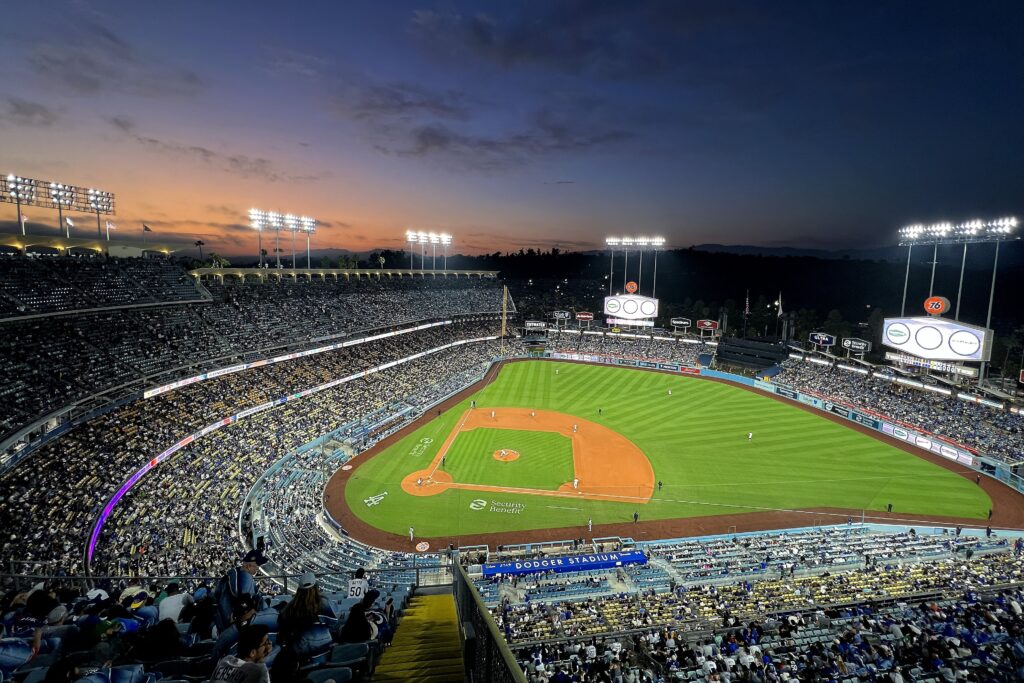 The sun sets over Dodger Stadium in Los Angeles May 16, 2023.