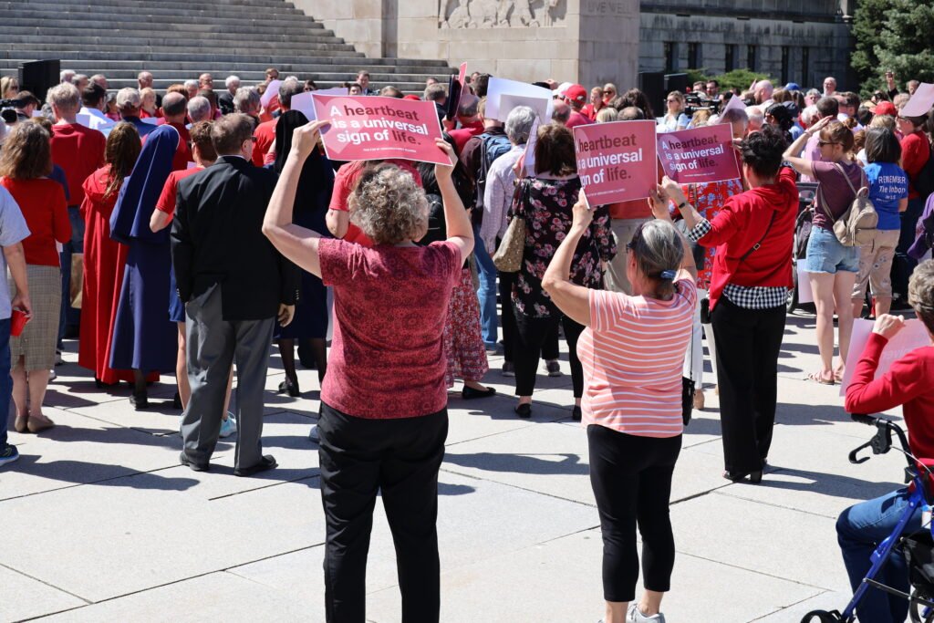 Pro-life advocates show support for a pro-life bill before the Nebraska Legislature at the Nebraska State Capitol in Lincoln on April 12. Nebraska lawmakers passed a measure May 19 prohibiting abortion at 12 weeks gestation and banning gender-altering surgeries for minors.