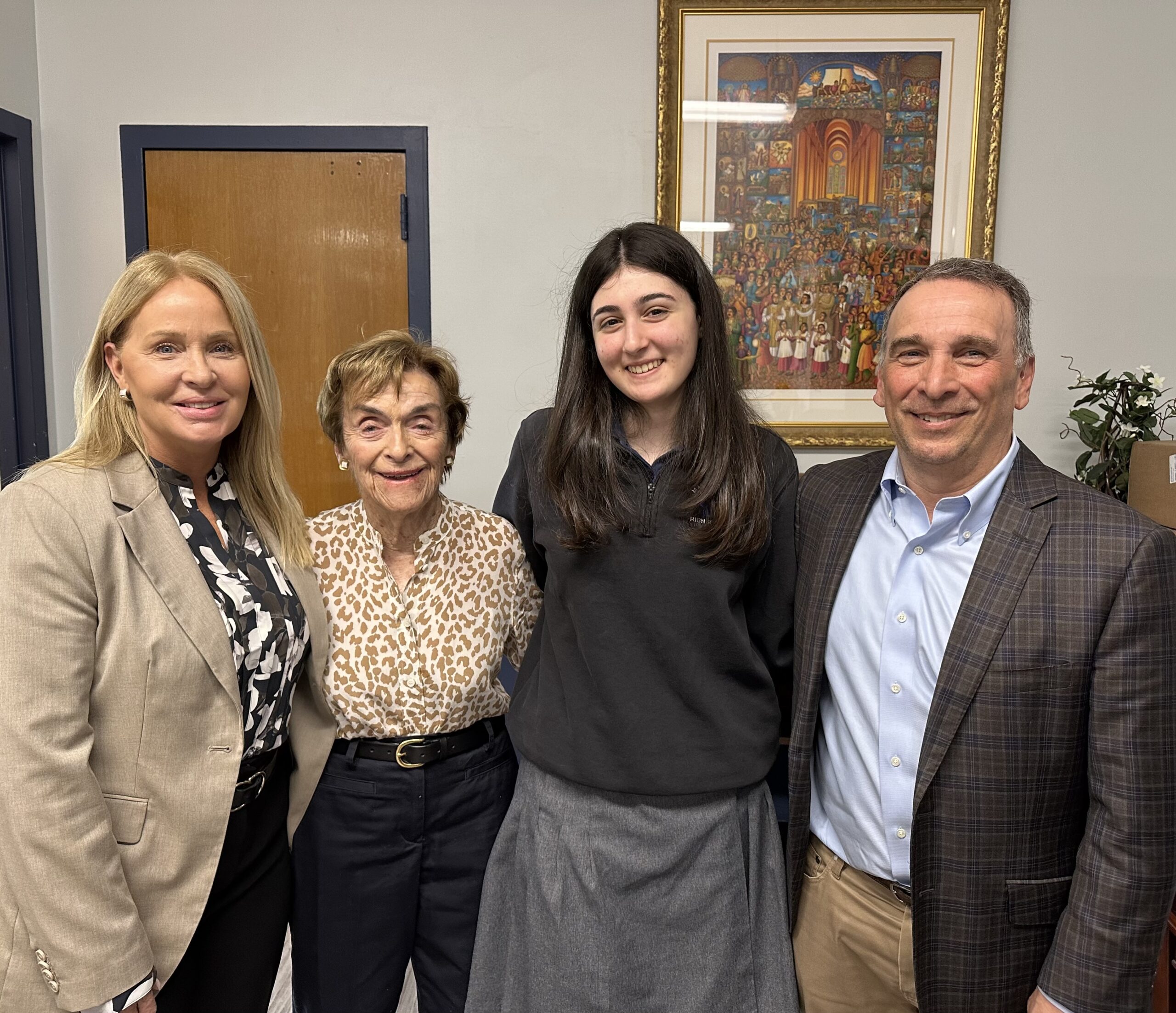 Maria Regina High School senior Irene Papakanakis, second from right, shares the historic moment as the first female recipient of The Donald R. Memorial Scholarship at Manhattan College with (l-r) Eileen Houlihan, Director of College Placement at Maria Regina, Fran Broderick and Thomas Avezzano.