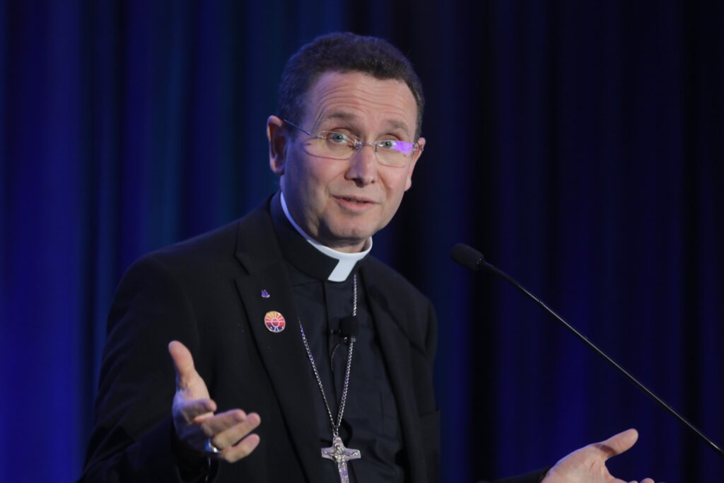 Bishop Andrew H. Cozzens of Crookston, Minn., chair of the U.S. Conference of Catholic Bishops' Committee on Evangelization and Catechesis, speaks during the Catholic Media Conference in Baltimore June 9, 2023.