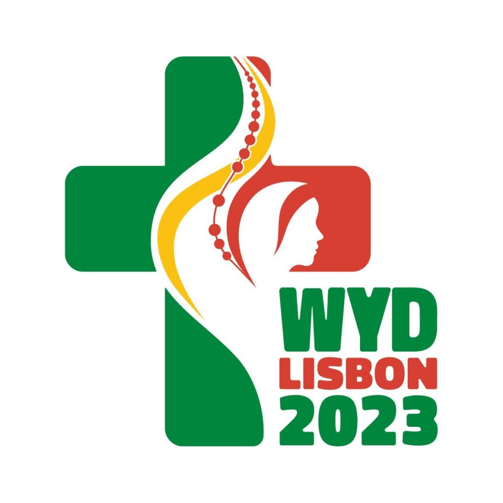 The logo for World Youth Day 2023 depicts a cross, rosary and a profile of Mary in the colors of the Portuguese flag.