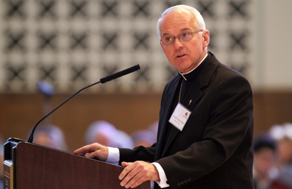 Bishop Terry R. LaValley of Ogdensburg, N.Y., gives a presentation during a gathering of New York state's bishops and catechetical leaders at the Immaculate Conception Center in Douglaston, N.Y., Sept. 27, 2012.