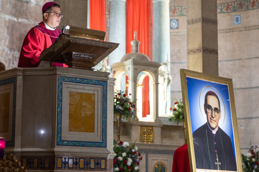 Washington Auxiliary Bishop Evelio Menjívar delivers the homily during Mass March 24, 2023, at the Shrine of the Sacred Heart in Washington for the feast of St. Oscar Romero.