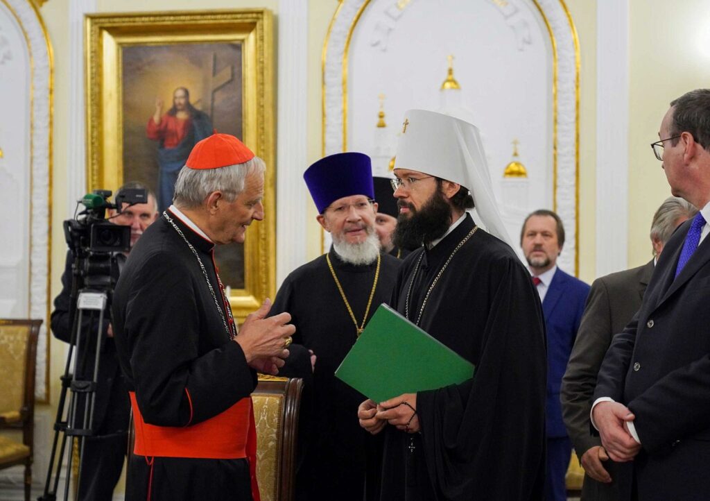 Cardinal Matteo Zuppi speaks with Russian Orthodox Metropolitan Anthony of Volokolamsk, head of external church relations for the Moscow Patriarchate, during a meeting at the Danilov monastery in Moscow June 29, 2023.