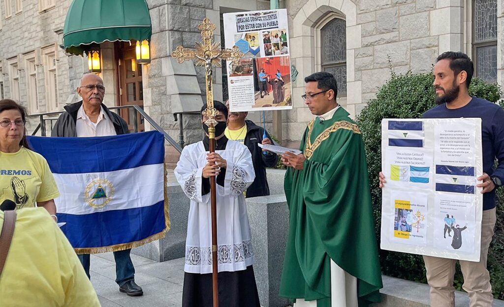 Father Bismarck Chau, rector of Newark's Cathedral Basilica of the Sacred Heart in New Jersey, leads a "Rosary for Peace for Nicaragua" at Newark’s Cathedral Basilica of the Sacred Heart following the Nicaraguan government's imprisonment of Bishop Rolando Álvarez of Matagalpa in February 2023.