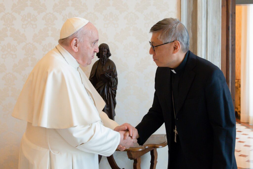 In this file photo, Pope Francis greets Bishop Stephen Chow Sau-yan of Hong Kong at the Vatican March 17, 2022.