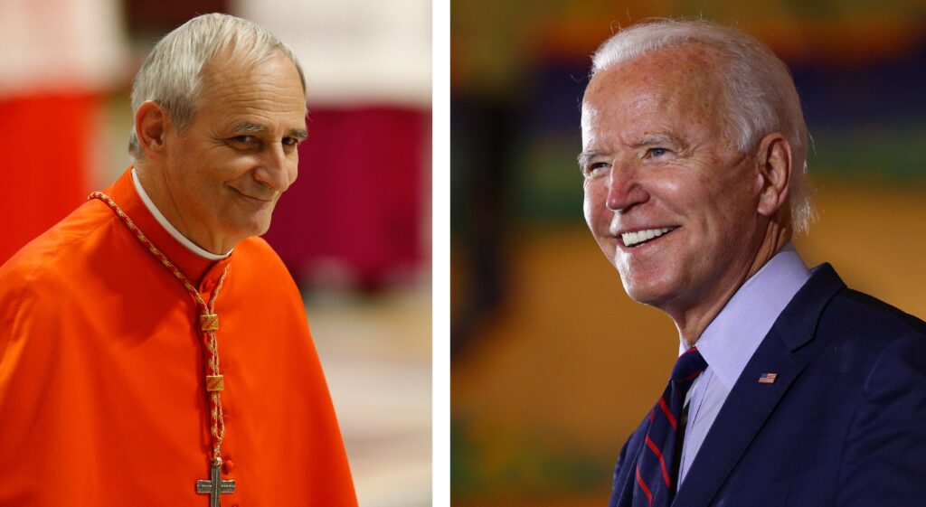 Cardinal Matteo Maria Zuppi and U.S. President Joe Biden are pictured in a combination photo.