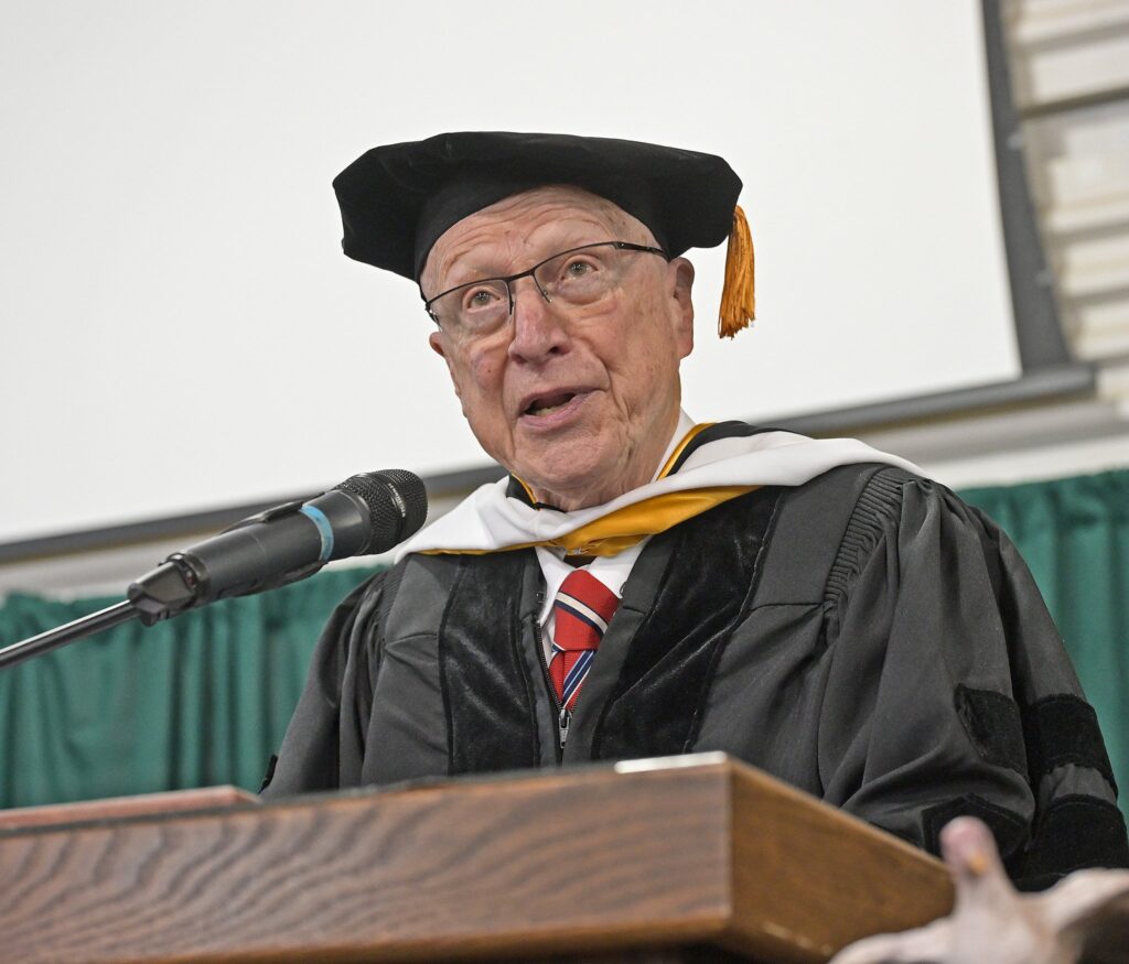 Peter Kreeft, Catholic apologist and philosophy professor, receives an honorary doctorate of humane letters and delivers the commencement address at Franciscan University of Steubenville, Ohio, May 14, 2022.