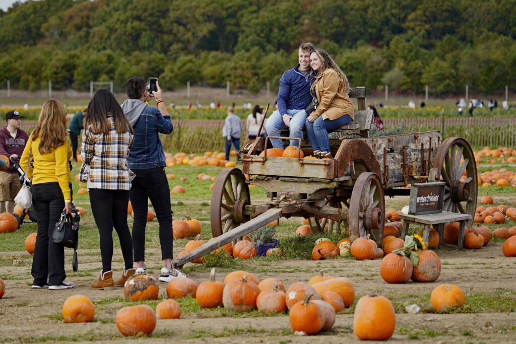 Matthew Dorn and Jessica Drake of Hauppauge, N.Y., sit atop a vintage farm wagon as they pose for a photo while attending a fall festival in Manorville, N.Y., Oct. 16, 2022.