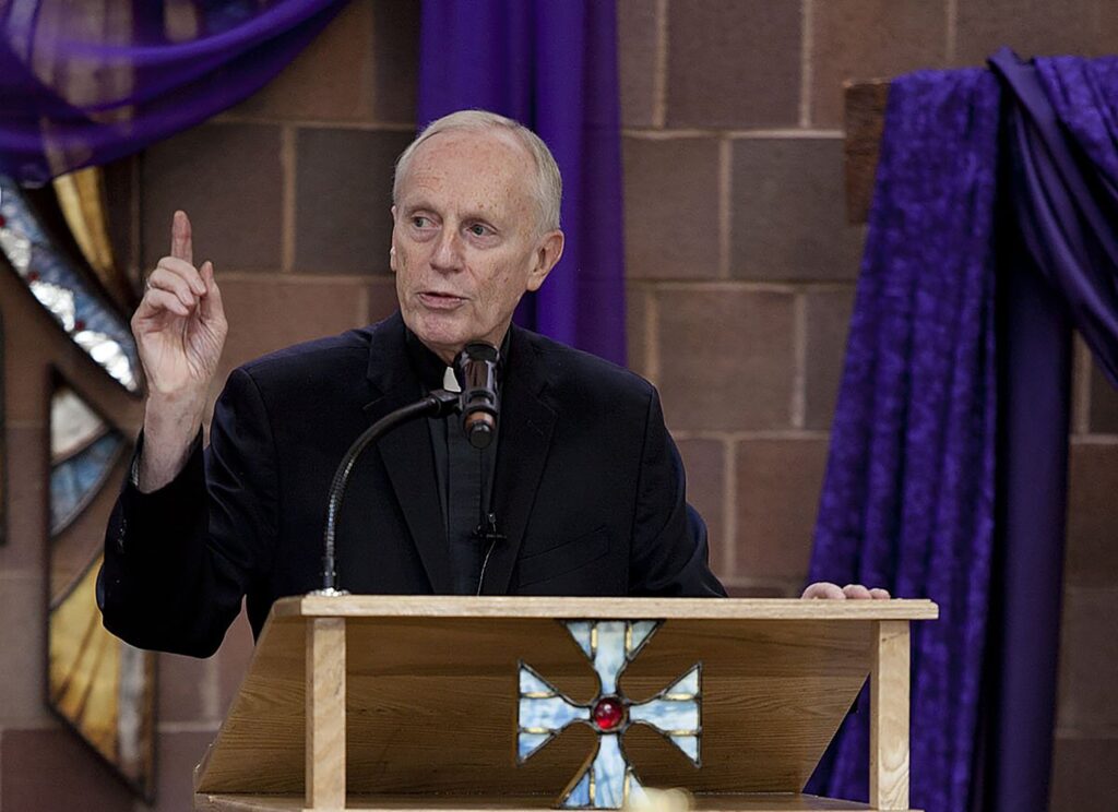 Retired Bishop Howard J. Hubbard of Albany, N.Y., is seen in this 2013 file photo. The Diocese of Albany announced Aug. 18, 2023, that Bishop Hubbard was hospitalized after suffering "a major stroke" earlier in the week and that he had been anointed.