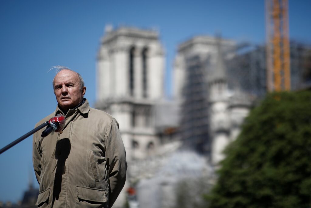 French Army Gen. Jean-Louis Georgelin, in charge of the Notre Dame Cathedral reconstruction, speaks to the media April 15, 2020.