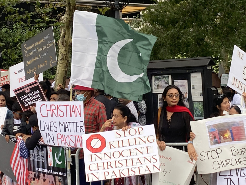 Pakistani-American Catholics and Christians protest near United Nations headquarters in Manhattan, August 24, 2023.