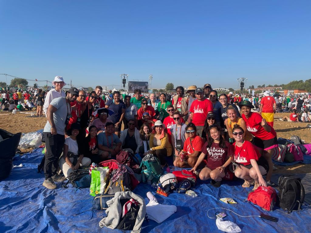 Pilgrims from the Archdiocese of New York at Parque Tejo while awaiting the closing Mass of World Youth Day Lisbon, Sunday, August 6, 2023.