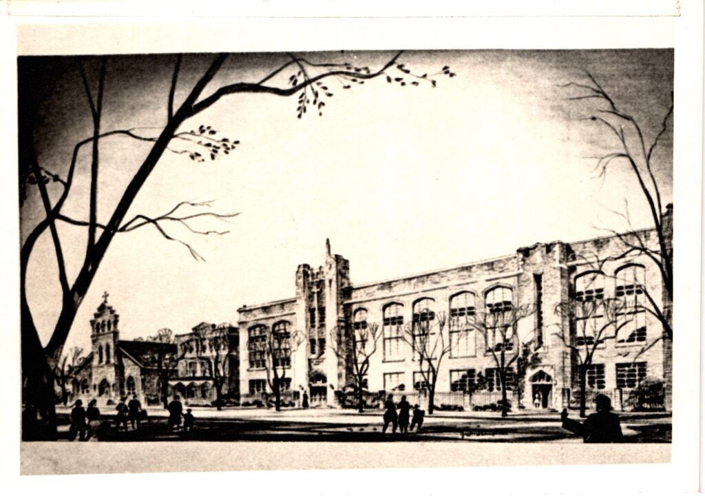 A drawing of St. Philip Neri parish (left) and school, circa 1946.