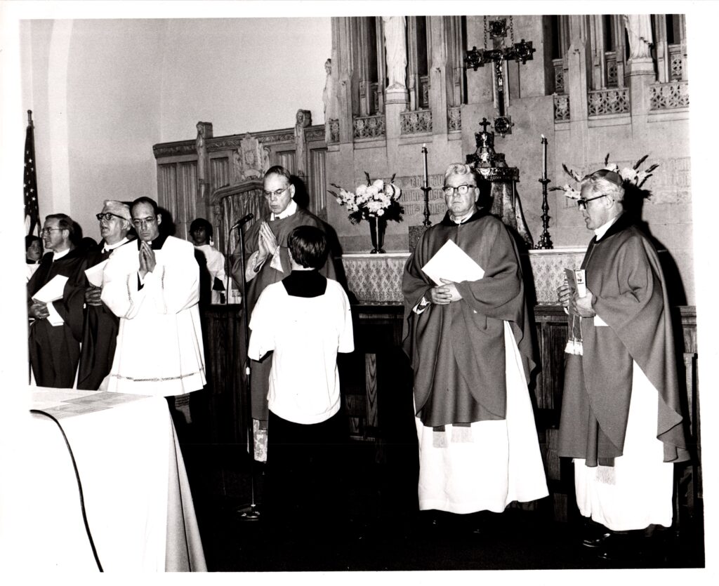 A Mass celebrated in the 1970s at St. Philip Neri parish. Cardinal Terence Cooke is third from right; Bishop Patrick Ahern is first from right; Monsignor Philip P. Shannon is second from left.