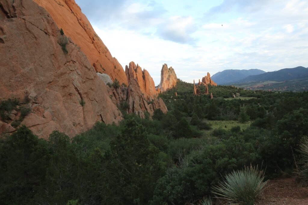Late evening sun illuminates rock formations at the Garden of the Gods in Colorado Springs, Colo., July 23, 2020.