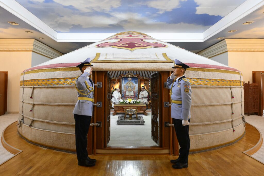 Pope Francis meets with Mongolian President Ukhnaagiin Khürelsükh in a ceremonial ger at the State Palace in Ulaanbaatar, Mongolia, Sept. 2, 2023.