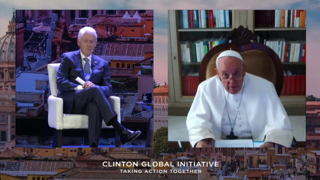 Pope Francis speaks with former U.S. President Bill Clinton in a video call during a meeting of the Clinton Global Initiative in New York, Sept. 18, 2023.