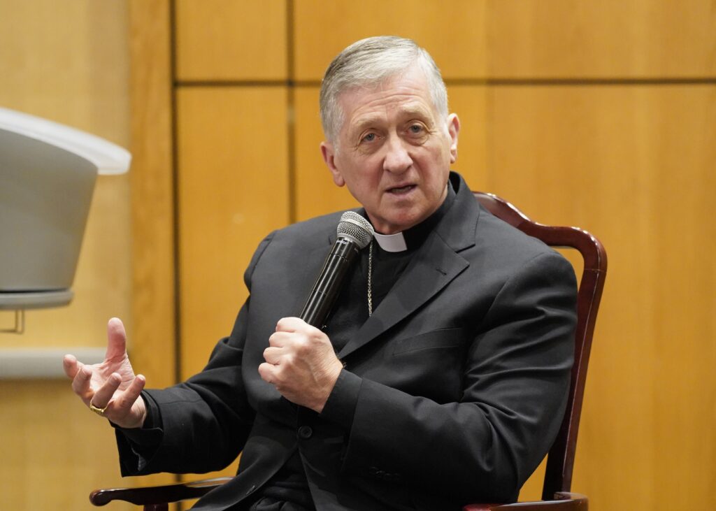 Chicago Cardinal Blase J. Cupich answers a question from the audience following his lecture at Fordham University’s Lincoln Center campus in New York City Sept. 26, 2023.